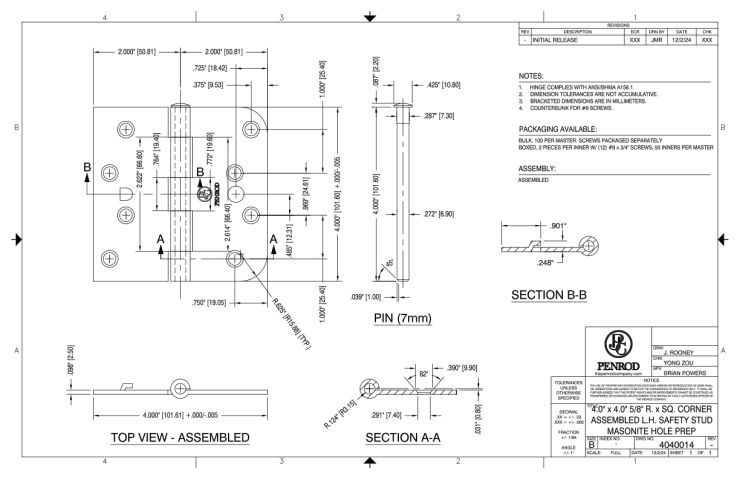 4.0 x 4.0 5/8 Radius x Square Corner Assembled Left Handed Saftety Stud Masonite Hole Prep schematic