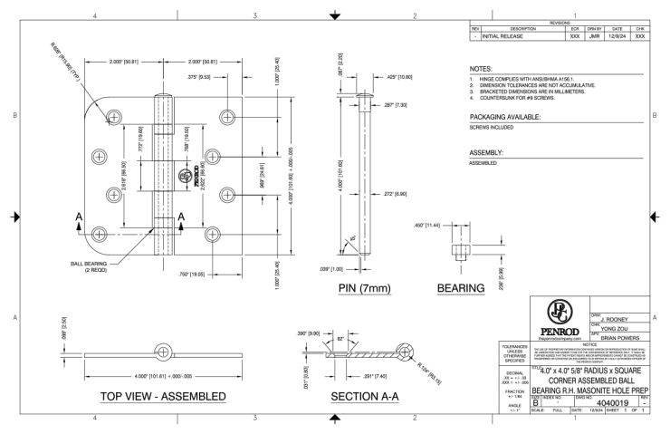 4.0 x 4.0 5/8 Radius X Square Corner Assembled Ball Bearing Right Handed Masonite Hole Prep schematic
