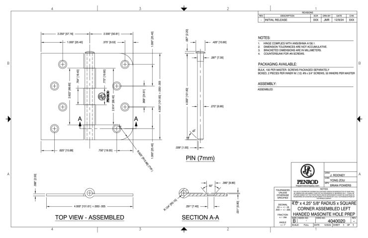 4.0 x 4.25 5/8 Radius x Square Corner Assembled Left Handed Masonite Hole Prep schematic