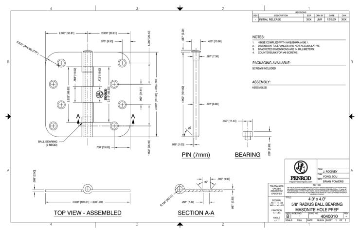 4.0 x 4.0 5/8 Radius Ball Bearing Masonite Hole Prep schematic