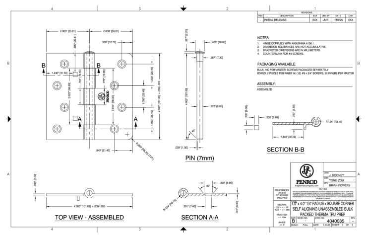 4.0 x 4.0 1/4 Radius x Square Corner Self Aligning Unassembled Bulk Packed Therma Tru Prep schematic