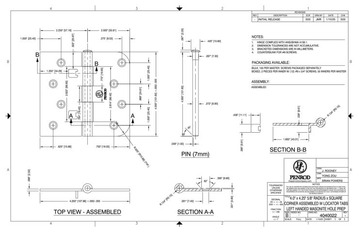 4.0 x 4.25 5/8 Radius x Square Corner Assembled Left Handed w/Locator Tabs Masonite Hole  schematic