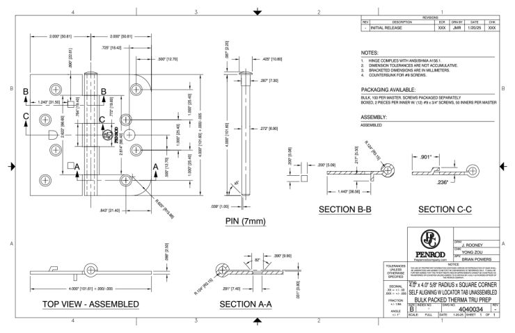 4.0 x 4.0 5/8 Radius x Square Corner Self Aligning w/Locator Tab Unassembled Bulk Packed Therma Tru Prep schematic