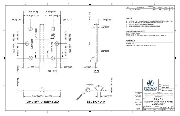 3.5 x 3.5 Square Corner Plain Bearing Assembled schematic