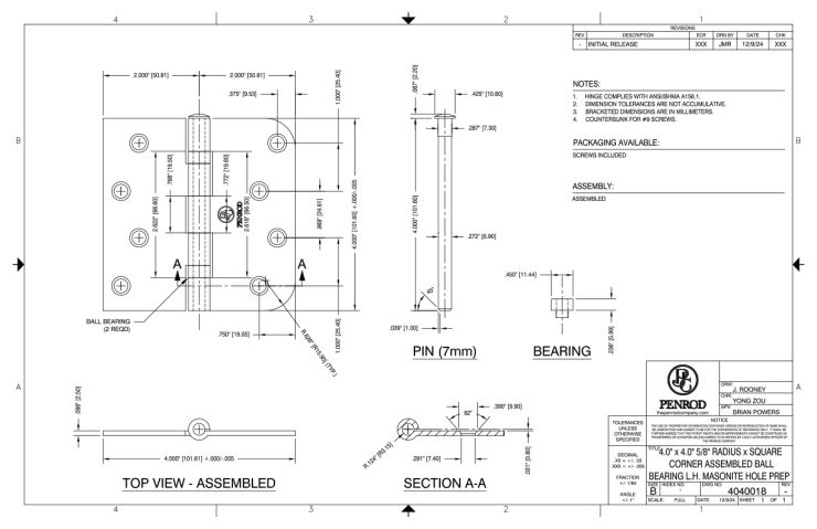 4.0 x 4.0 5/8 Radius x Square Corner Assembled Ball Bearing Left Handed Masonite Hole Prep schematic