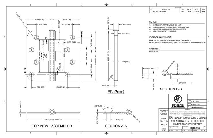 4.0 x 4.25 5/8 Radius x Square Corner Assembled Right Handed w/Locator Tabs Masonite Hole Prep schematic