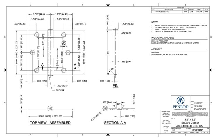 3.5 x 3.5 Square Corner Assembled End Cap schematic