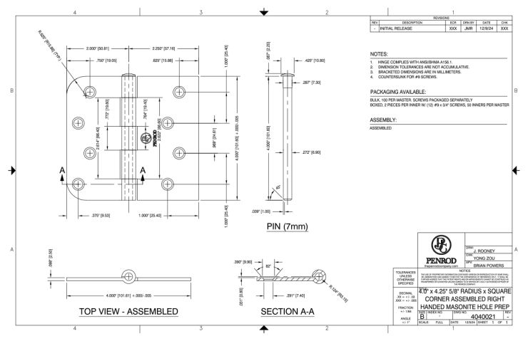 4.0 x 4.25 5/8 Radius x Square Corner Assembled Right Handed Masonite Hole Prep schematic