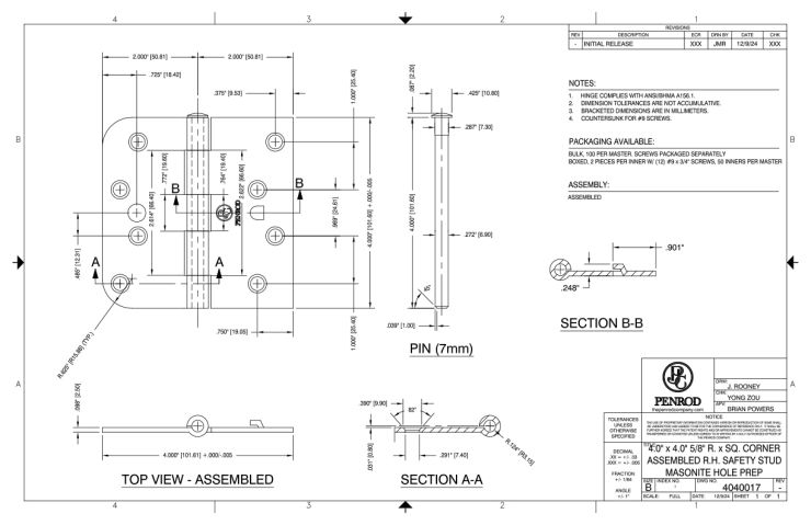 4.0 x 4.0 5/8 Radius x Square Corner Assembled Right Handed Safety Stud Masonite Hole Prep schematic