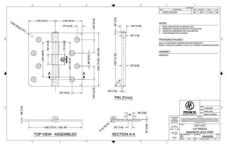 4.0 x 4.0 1/4 Radius Masonite Hole Prep schematic