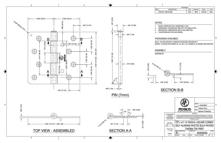4.0 x 4.0 1 /4 Radius x Square Corner Self Aligning Riveted Bulk Packed Therma Tru Prep schematic