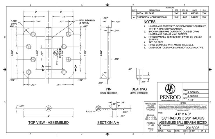 4.0 x 4.0 5/8 Radius Assembled Ball Bearing Boxed Taylor Prep schematic