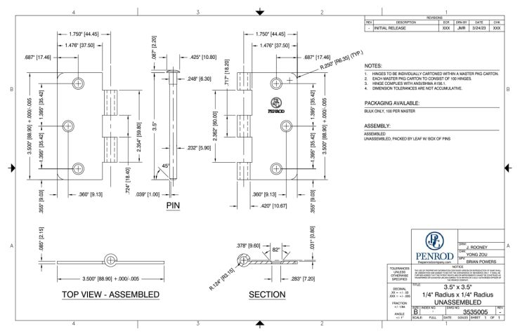 3.5 x 3.5 1/4 Radius x 1/4 Radius Unassembled schematic