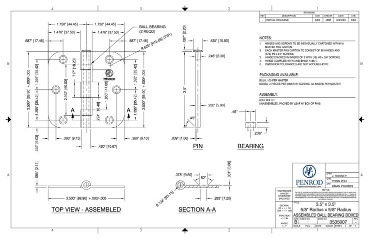3.5 x 3.5 5/8 Radius x 5/8 Radius Assembled Ball Bearing Boxed schematic