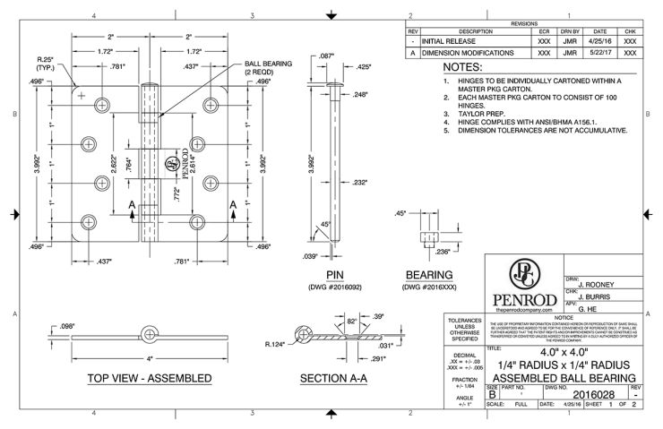 4.0 x 4.0 1/4 Radius Assembled Ball Bearing Boxed Taylor Prep schematic