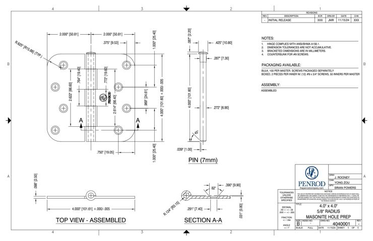 4.0 x 4.0 5/8 Radius Masonite Hole Prep schematic