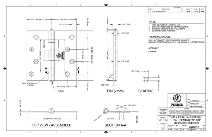 4.0 x 4.0 Square Corner Ball Bearing End Cap Masonite Hole Prep schematic